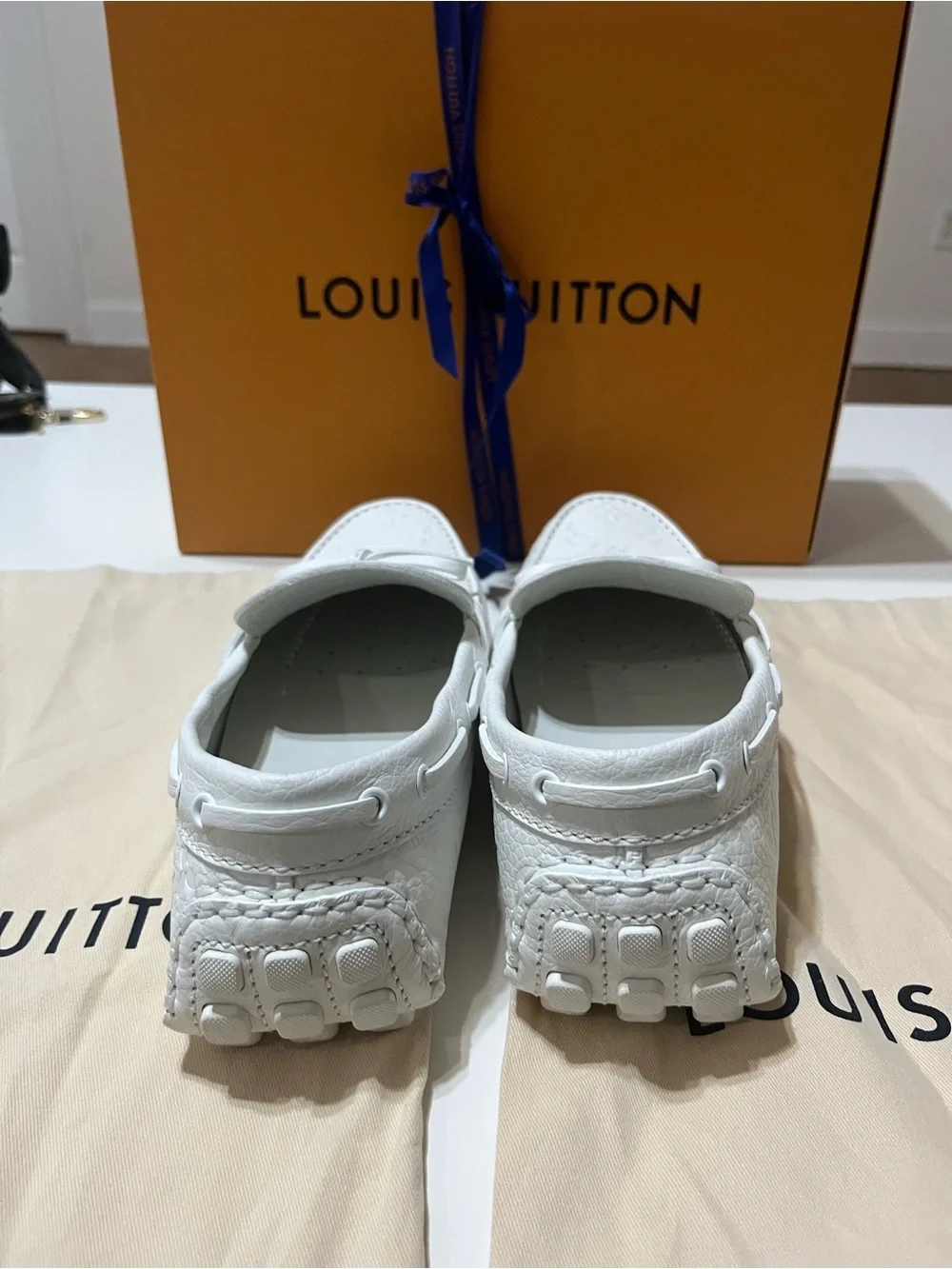 Louis Vuitton White Embossed Monogram Driving Loafers with Bow